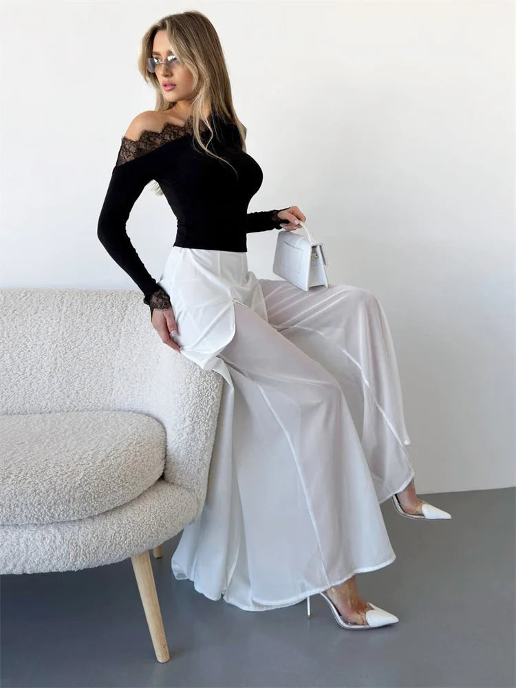 Glorol - High Waist See-Through Patchwork Wide Leg Skirt
