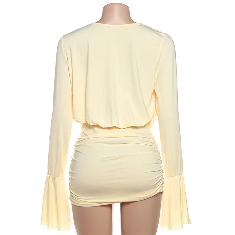 Glorol - High Waisted V-Neck Pleated Long Sleeved Mini Dress