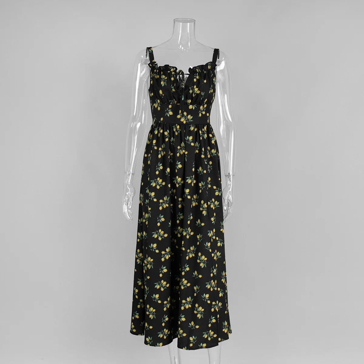 Glorol - Printed Lace Up High Waist Maxi Dress