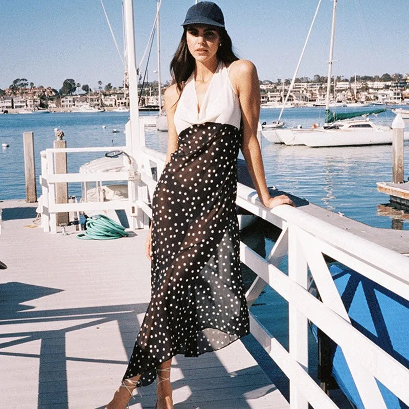 Glorol - Polka Dot V-Neck Lace-Up Maxi Dress