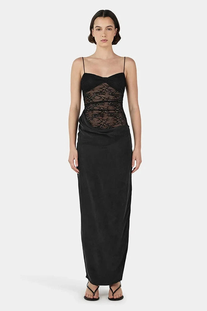 Glorol - Lace Spaghetti Strap Backless High Slit Sleeveless Maxi Dress