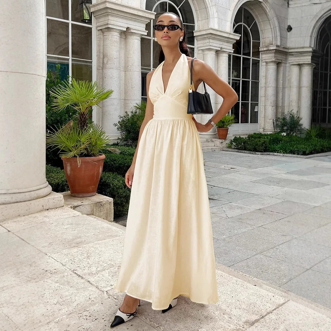 V Neck High Waist A-Line Maxi Dress