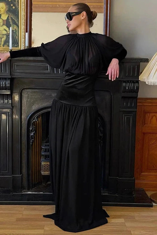 Glorol - Elegant Round Neck Long Sleeve High Waist Slim Maxi Dress