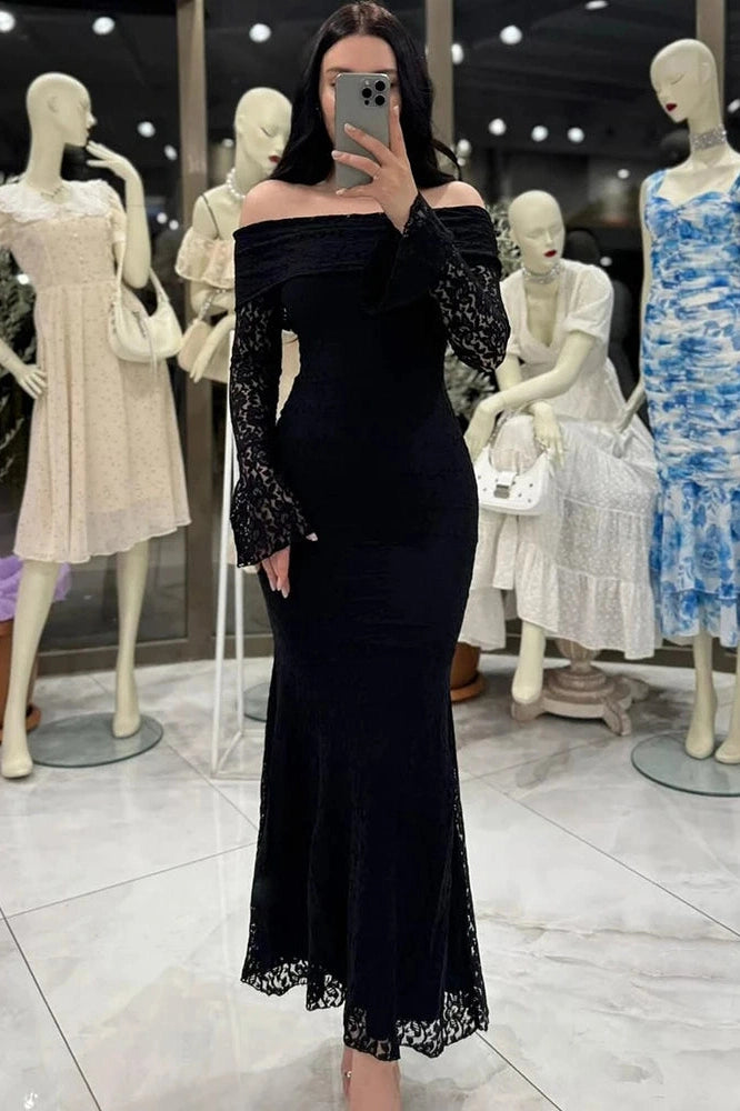 Glorol - Slash Collar Lace Embroidery High Waist Maxi Dress