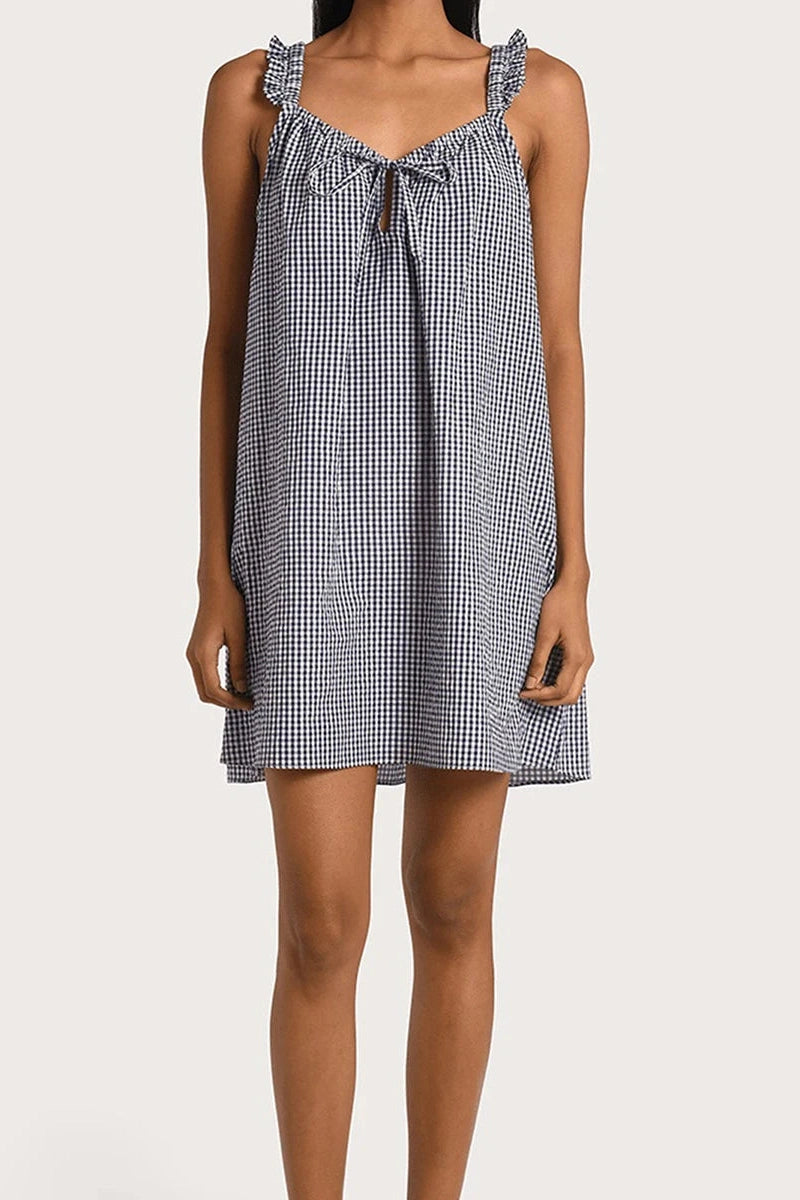 Glorol - Sleeveless Tie-Up Plaid Loose Mini Dress