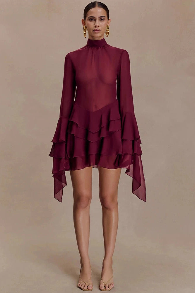 Glorol - See Through Turtleneck Long Sleeve Mini Dress