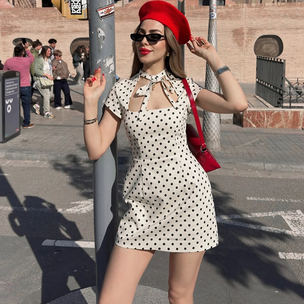Glorol - Elegant Polka Dot Lace-Up Hollow Out Mini Dress
