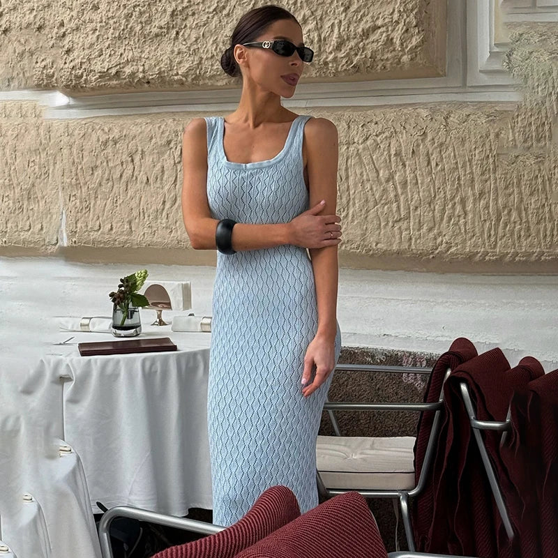 Glorol - Hollow Knitted Sleeveless Maxi Dress