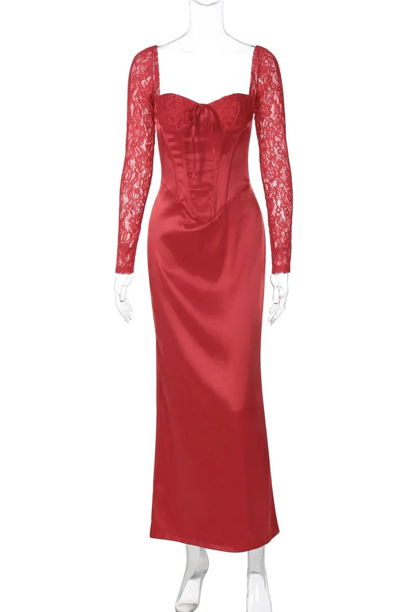 Glorol - Elegant Slim Lace Long Sleeve Lace Up Maxi Dress