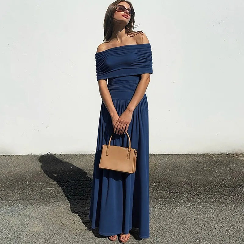 Glorol - Off Shoulder Patchwork Sleeveless Slit Slim Maxi Dress