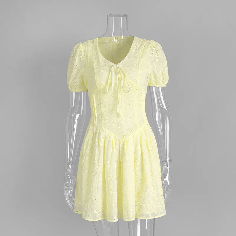 Glorol - Lace Up V Neck Short Sleeve A-Line Mini Dress