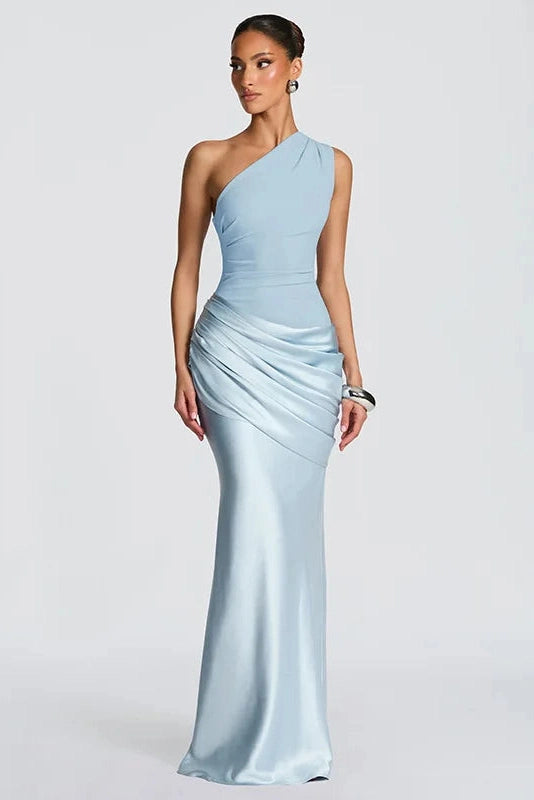 Glorol - Elegant Pleated One Shoulder Maxi Dress