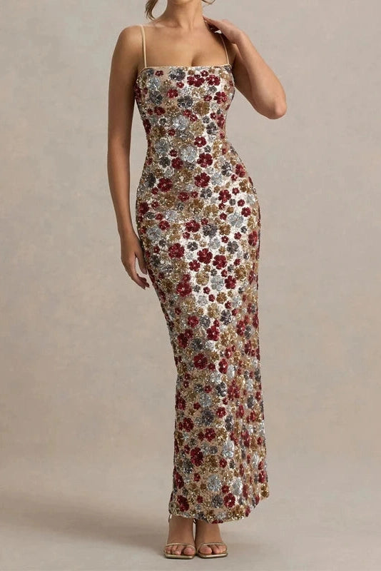 Glorol - Elegant Backless Sleeveless Floral Printed Maxi Dress