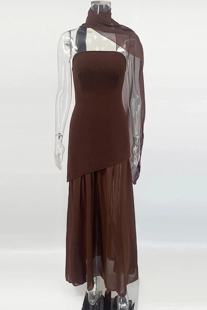 Glorol - Elegant Strapless Sleeveless Mesh Maxi Dress
