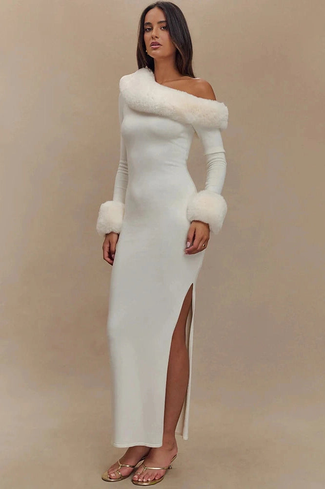 Glorol - Backless Long Sleeve One Shoulder High Split Maxi Dress