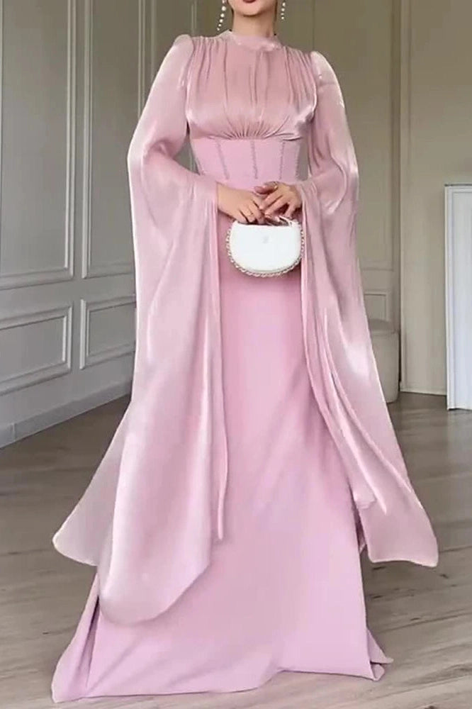 Glorol - Elegant O-Neck Split Sleeve Slim Pleated High Waist Maxi Dress