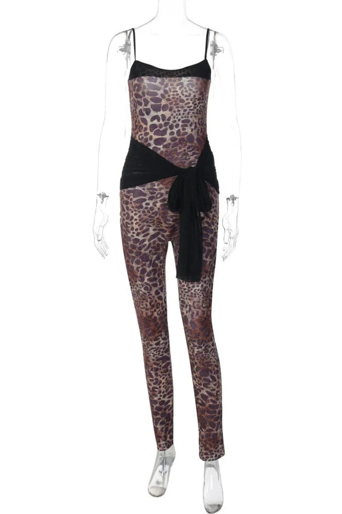 Glorol - Leopard Print Lace-Up High Waist Jumpsuit