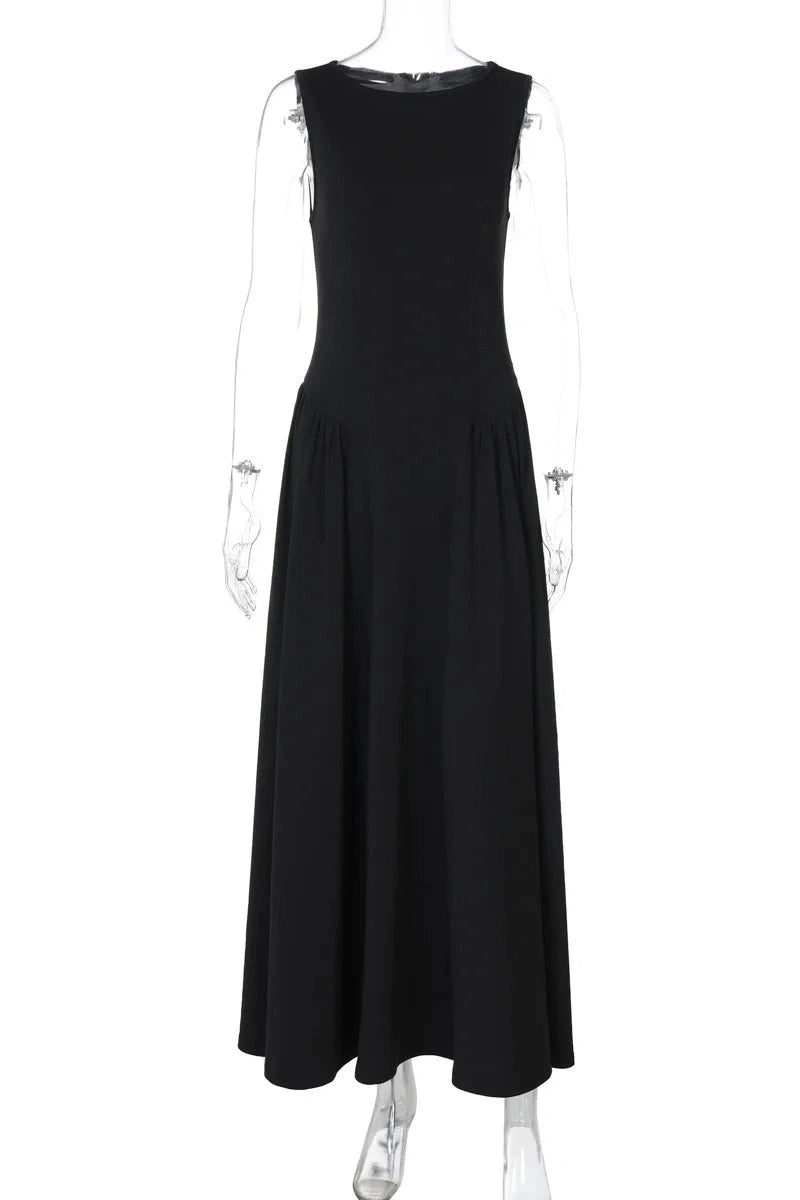 Glorol - Sleeveless Pleated O Neck High Waist A-Line Midi Dress
