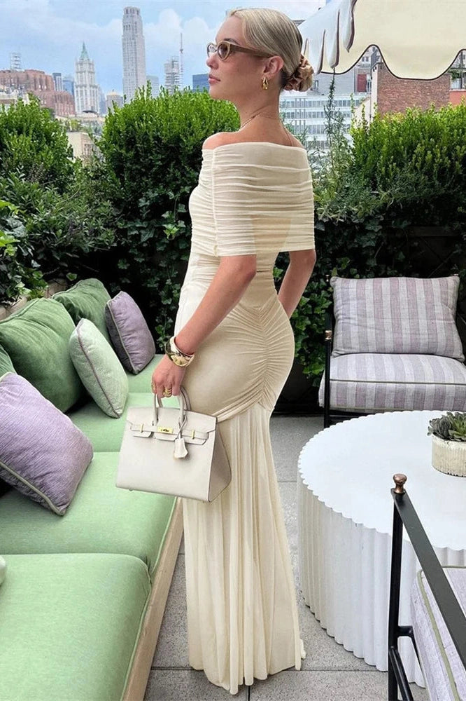 Glorol - See-Through Pleated Patchwork Off-Shoulder Maxi Dress