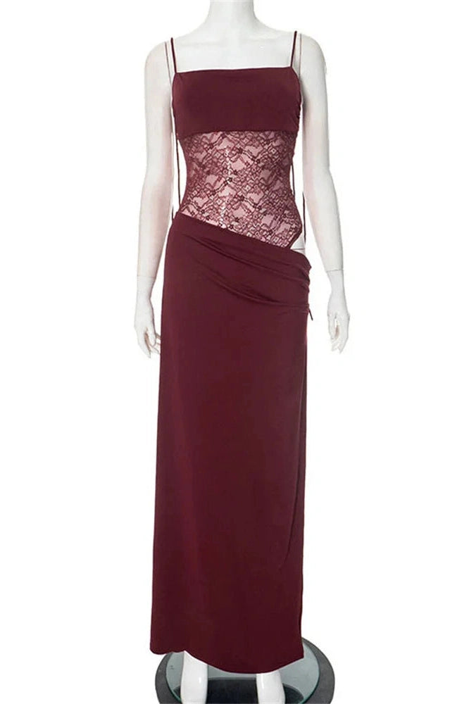 Glorol - Lace Printed Backless Slim High Waist Patchwork Maxi Dress