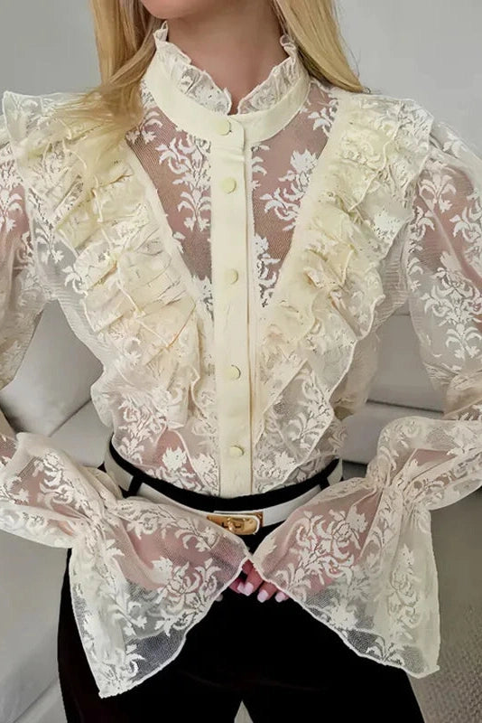 Glorol - Lace Printed See-Through Long Sleeve Top