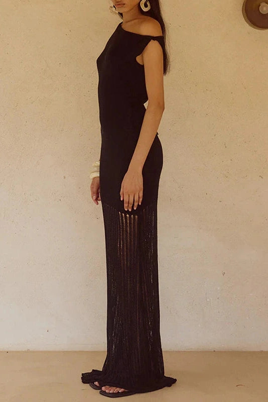 Glorol - Knitted Slash Collar High Waist Slim Maxi Dress