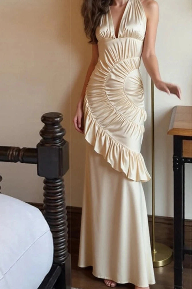 Glorol - Elegant Backless Off-Shoulder Fit High Waist Pleated Irregular Maxi Dress