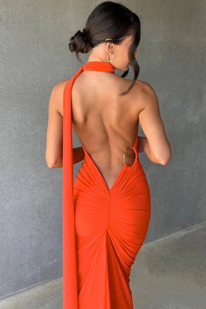 Glorol - Oblique Shoulder Sleeveless Backless Maxi Dress