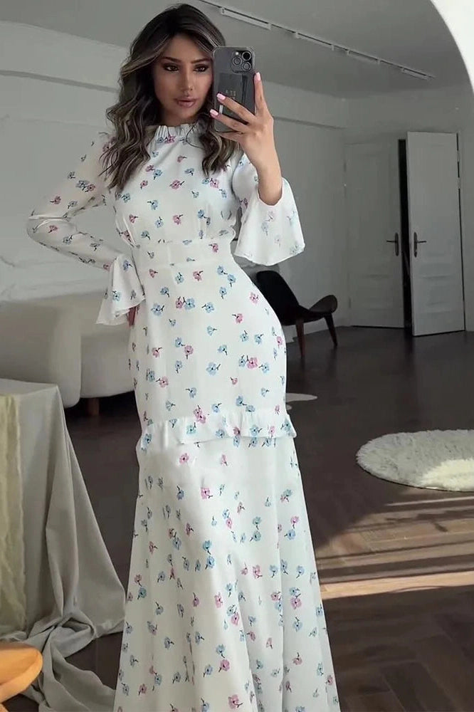 Glorol - Printed Long Sleeve Slim Fit Lace Maxi Dress