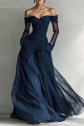 Glorol - Off Shoulder High Waist Pleated Long Sleeve Slim Maxi Dress