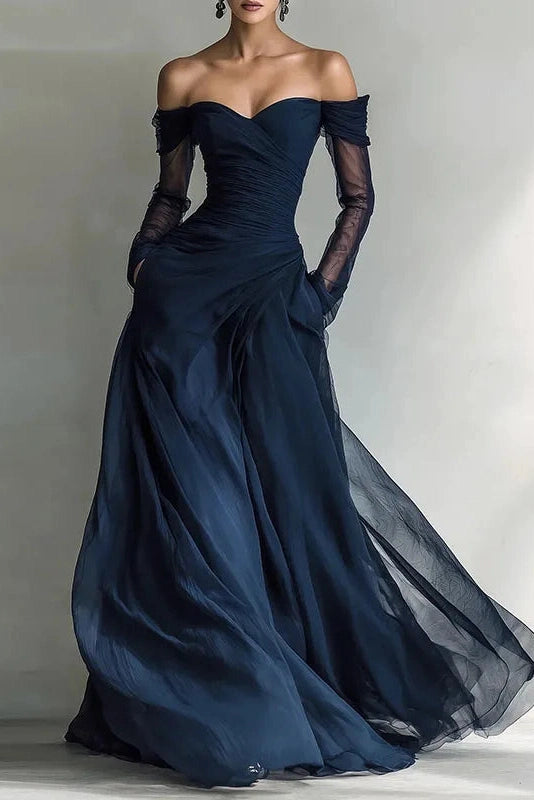 Glorol - Off Shoulder High Waist Pleated Long Sleeve Slim Maxi Dress