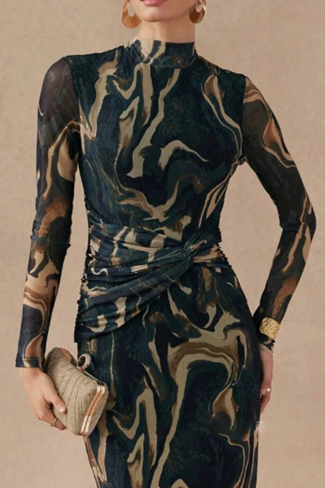 Glorol - Printed Slim O-Neck Long Sleeve High Waist Maxi Dress