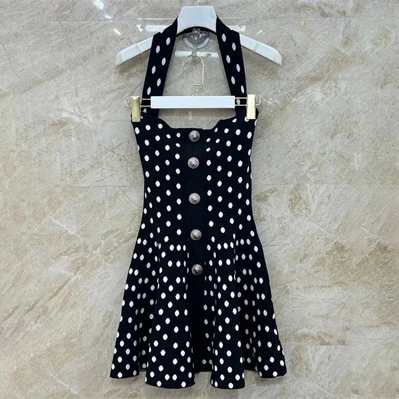 Glorol - Polka Dot Knitted Backless A-Line Mini Dress