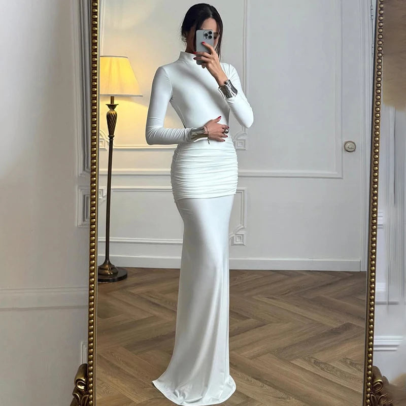 Glorol - Backless Slim Turtleneck Long Sleeve Maxi Dress
