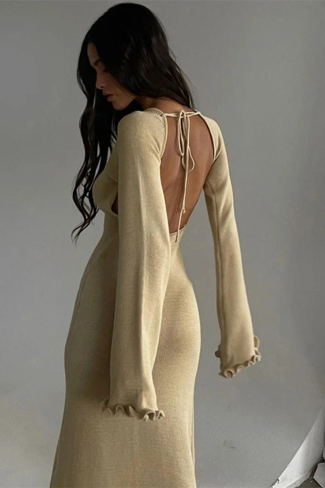 Glorol - Backless Knit Lace-Up High Waist Long Sleeve Maxi Dress