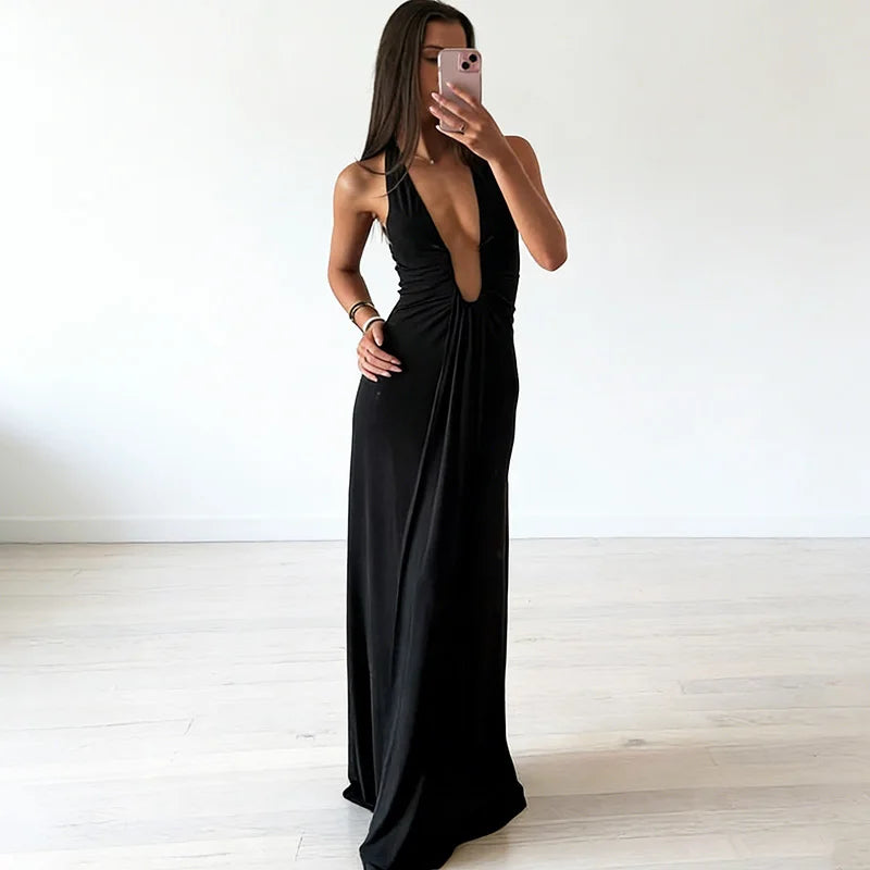 Glorol - Deep V-Neck High Waist Ribbon Patchwork Maxi Dress