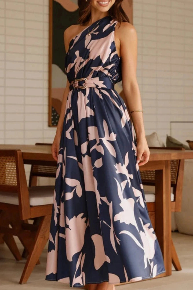 Glorol - One Shoulder High Waist Pleated Sleeveless Maxi Dress