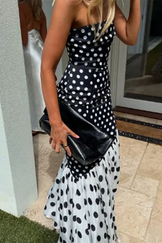 Glorol - Elegant Split Polka Dot Printed Strapless High Waist Maxi Dress