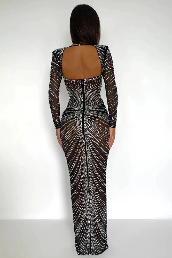 Glorol - Glitter See Through Full Sleeve Bodycon Maxi Dress