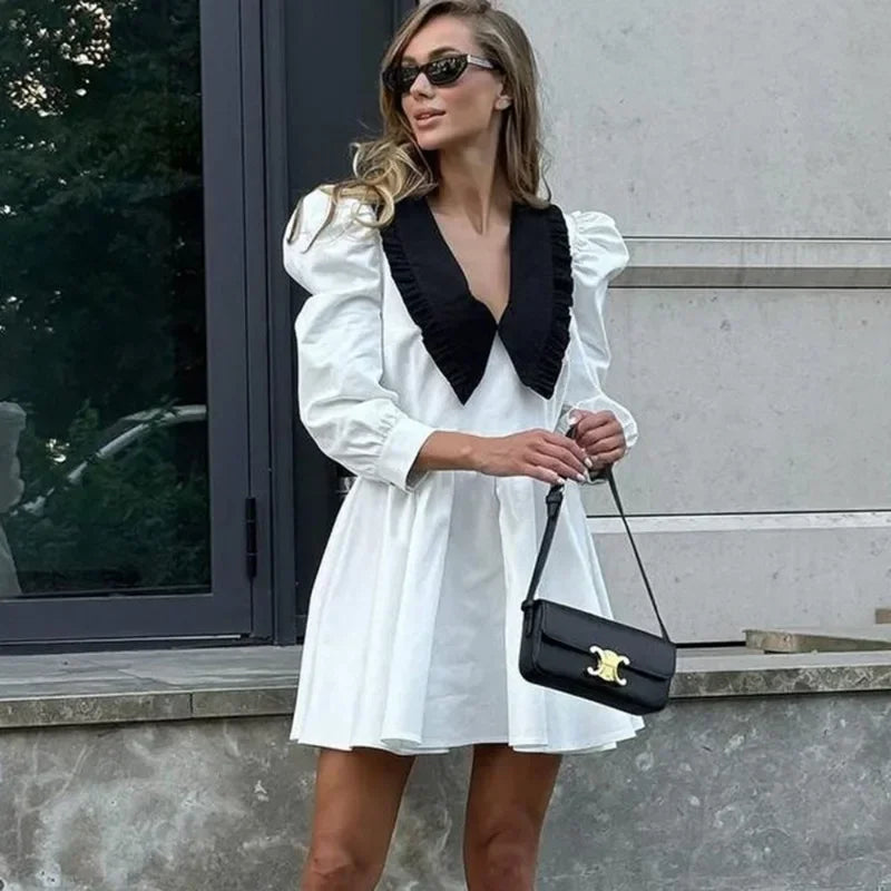Glorol - Patchwork Long Sleeve Pleated Mini Dress