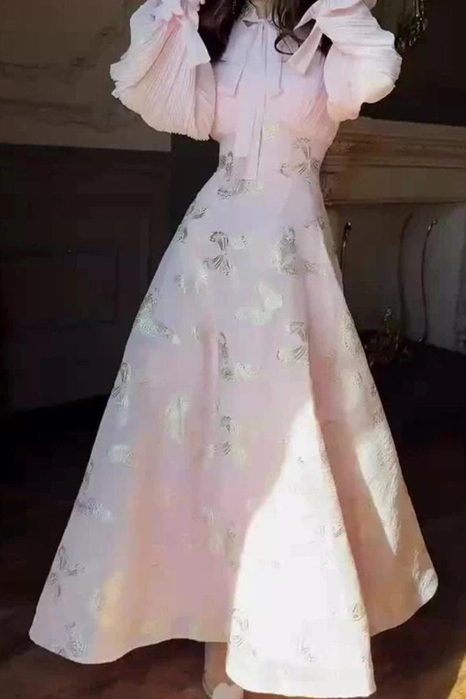 Glorol - Elegant High Waist Printed Long Sleeve Pleated Maxi Dress