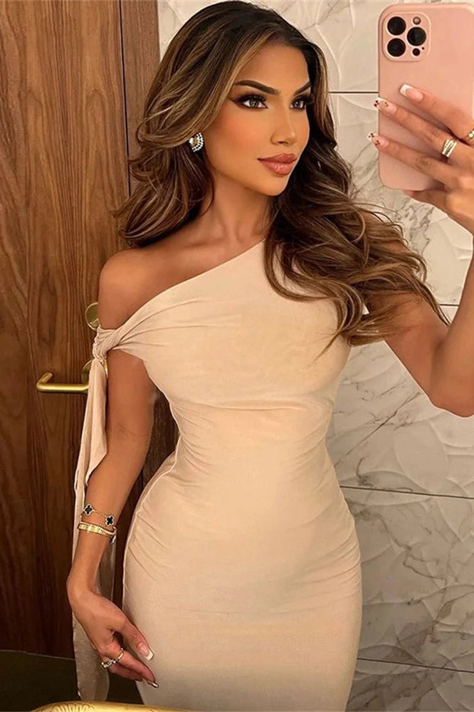 Glorol - One-Shoulder Patchwork Slim Sleeveless Midi Dress