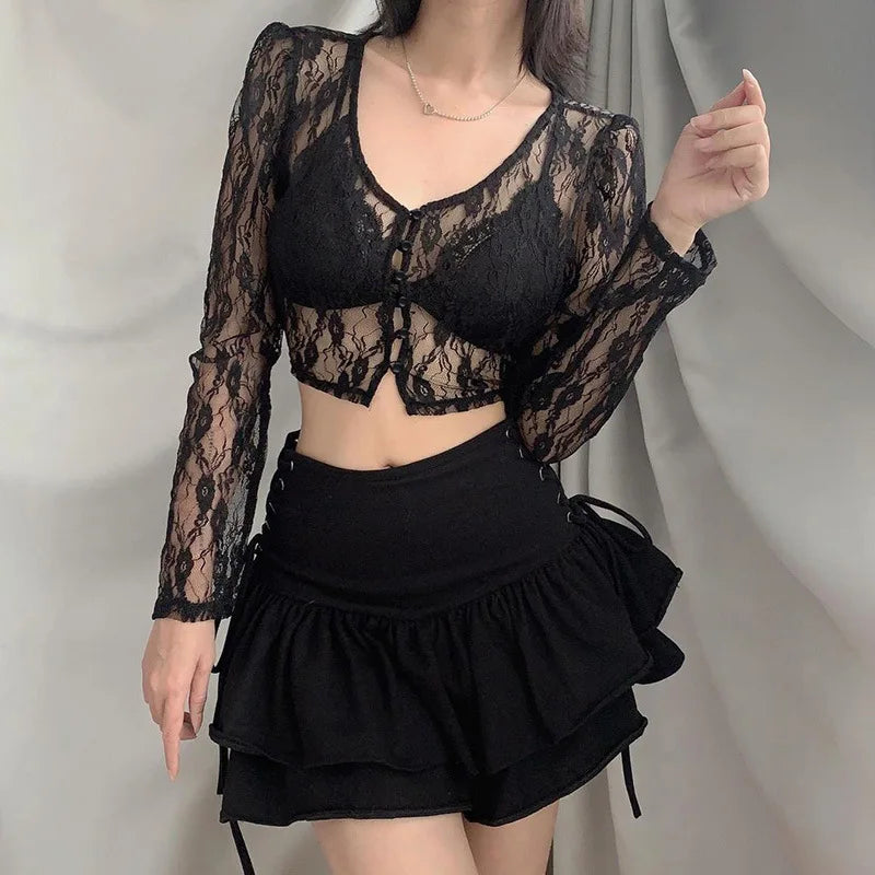 Glorol - Lace See Through Long Sleeve V Neck Slim Top
