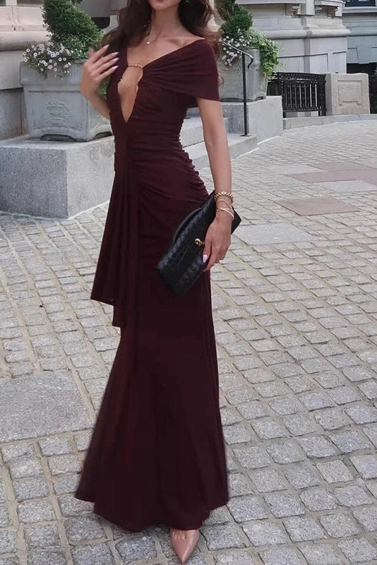 Glorol - Hollow Out Slash Collar Slim High Waist Pleated Maxi Dress