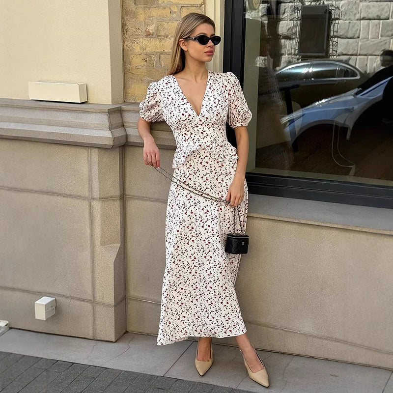 V Neck Puff Sleeve High Waist Maxi Dress