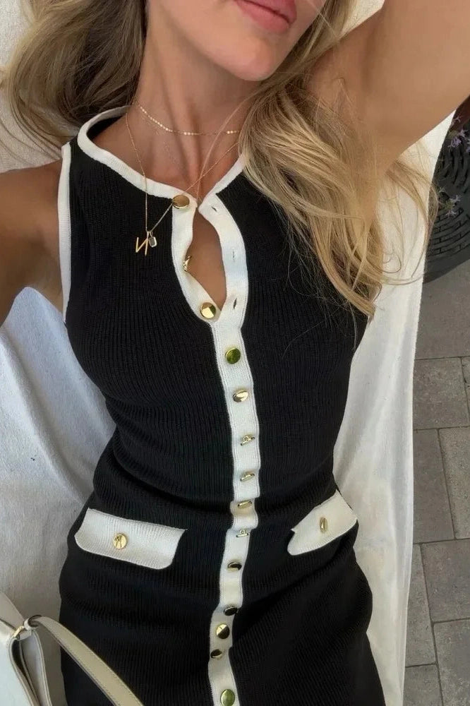 Glorol - Sleeveless Patchwork High Waist Pocket Maxi Dress