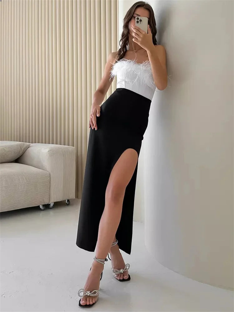 Glorol - High Waist Side Split Patchwork Skirt