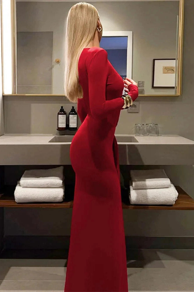 Glorol - Long Sleeve O Neck Bodycon Maxi Dress