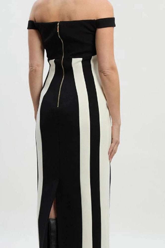 Glorol - Elegant High Waist Sleeveless Slim Slash Collar Midi Dress
