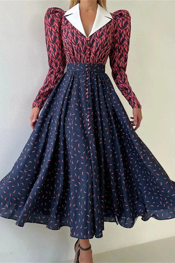 Glorol - Printed V-Neck Patchwork Long Sleeve High Waist Midi Dress
